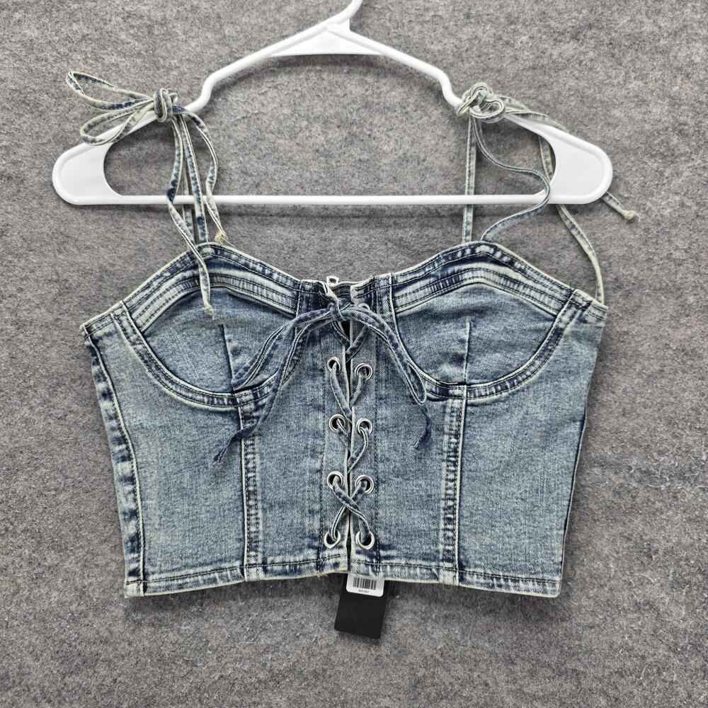 Fashion Nova Tank Womens S Blue Cropped Denim Sweetheart Zip Lace-Up AcidWash